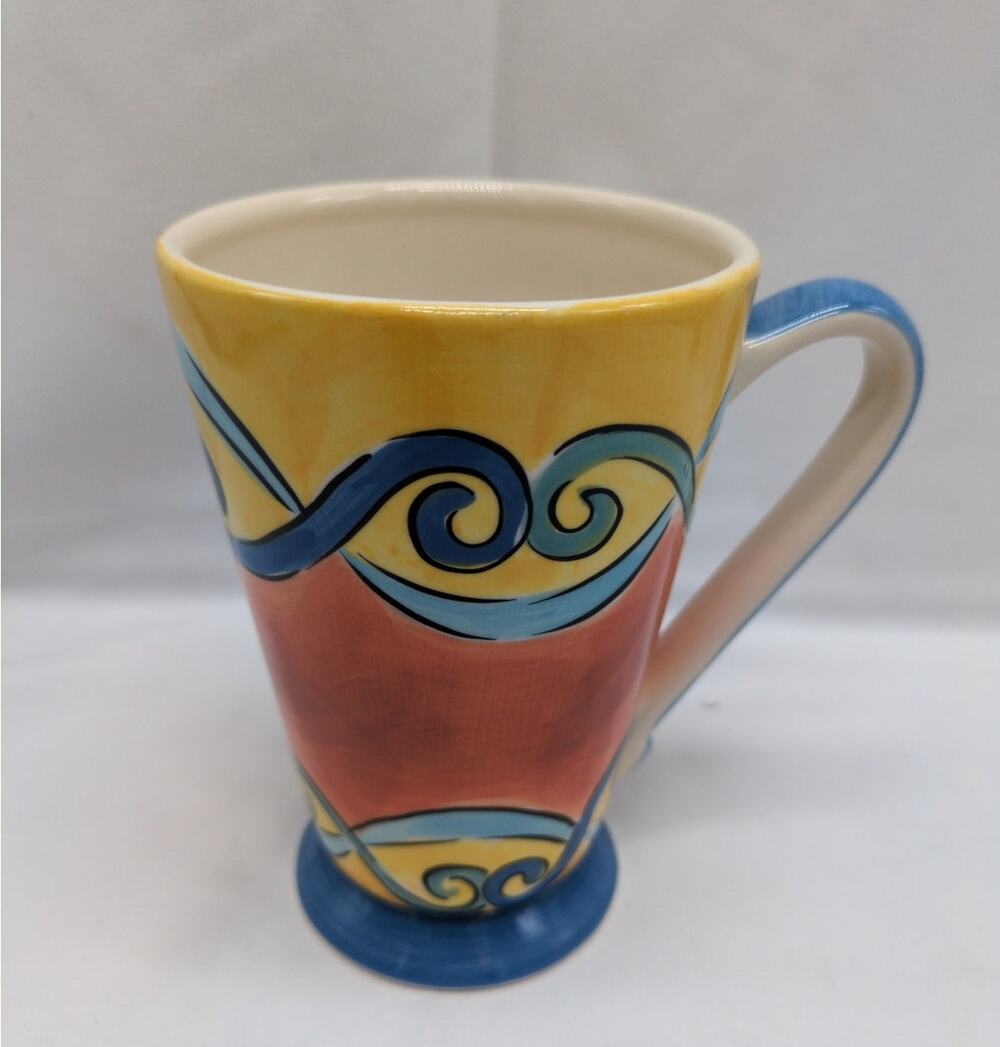 Herman Dodge & Son Cali Hand Painted Coffee Mug 14oz Yellow Blue Vintage Ceramic